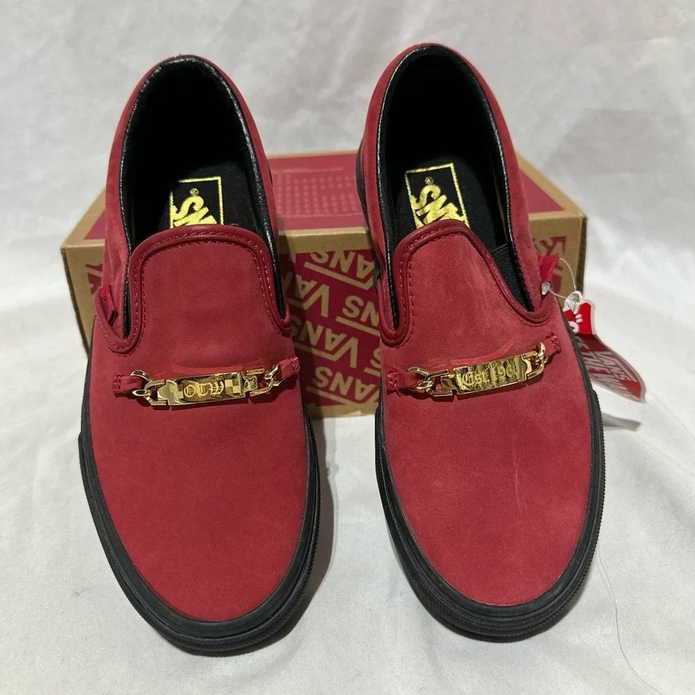 Vans Classic Slip On Old English Gold Embellished Red Hot Chili Pepper Red New